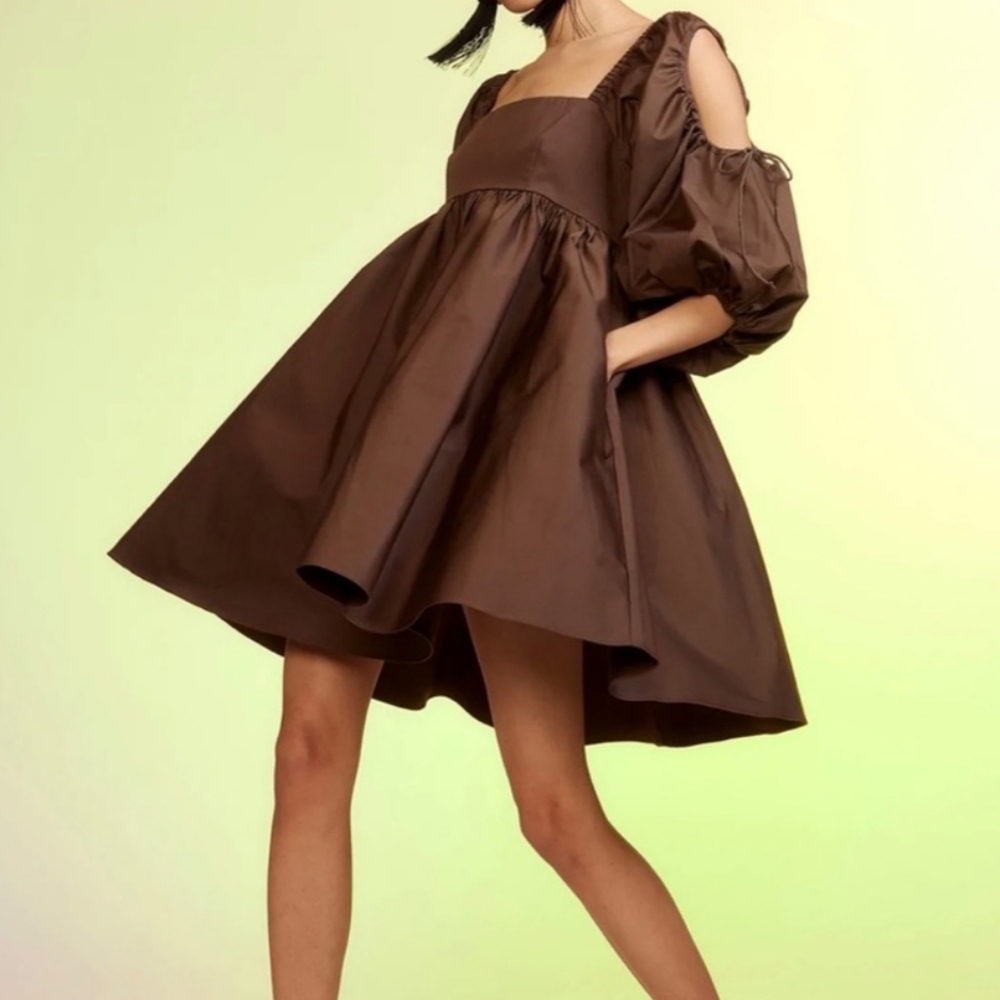 Cynthia Rowley Halle Brown Dress Trapeze Swing Cold Shoulders Balloon Sleeve 10